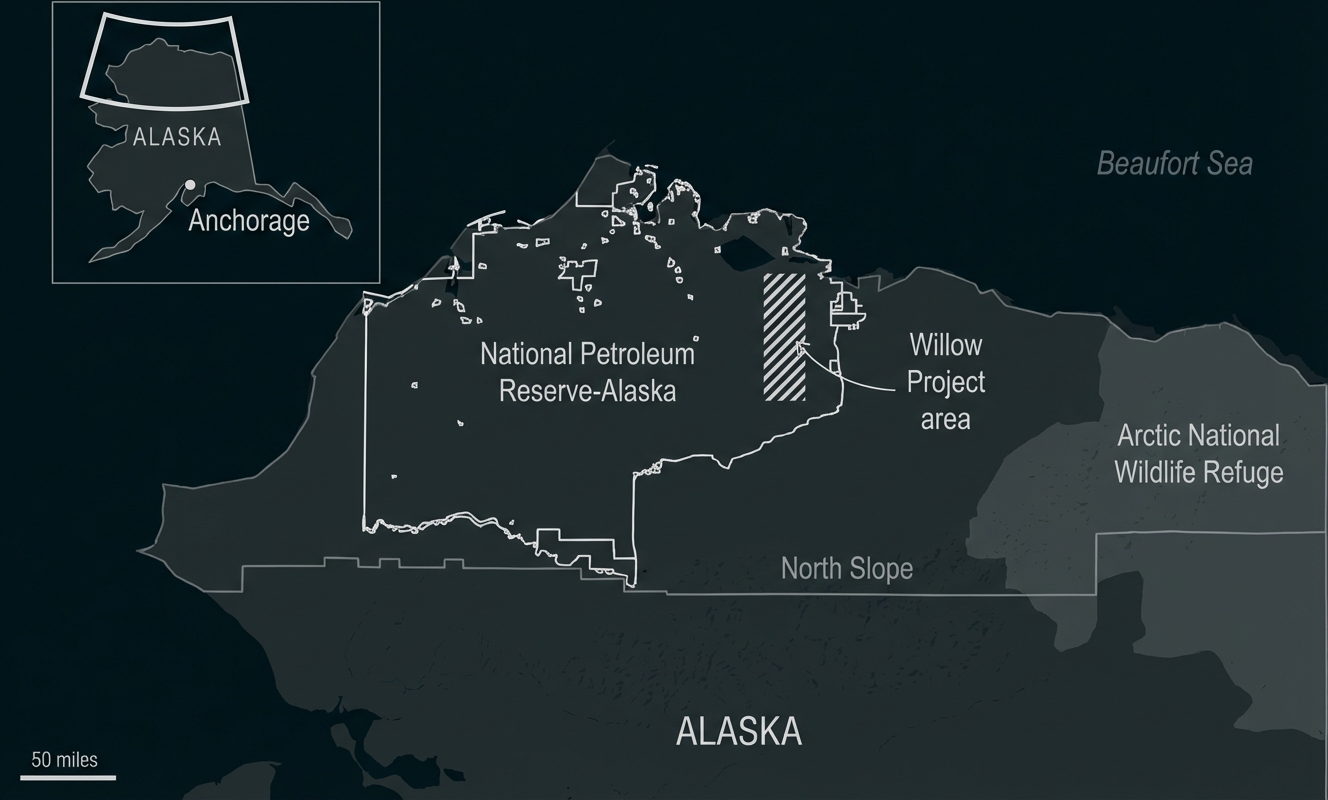 Karte von Nordalaska mit National Petroleum Reserve-Alaska, markiertem Willow-Projektgebiet und Lagebezug zu Anchorage